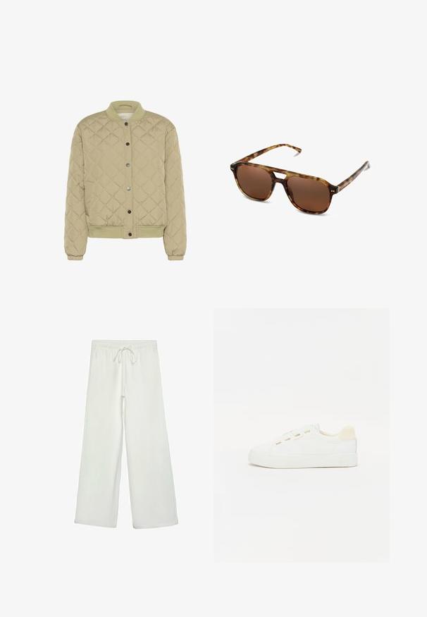 Gepolsterte olivgrüne Bomberjacke mit geripptem Kragen, Druckknöpfen und elastischen Bündchen. Sie verfügt über ein strukturiertes Rautenmuster und seitliche Taschen.; Weißes T-Shirt mit kurzen Ärmeln aus Baumwolle. Hat einen Rundhalsausschnitt und eine lockere Passform. Glatte Textur ohne sichtbare Muster oder Akzente.; Weiße, weit geschnittene Hose aus weichem Stoff. Mit einem elastischen Bund und einem Kordelzug sowie einer glatten Oberfläche. Keine sichtbaren Muster oder Hardware.; Weißer Sneaker mit Obermaterial aus Canvas, runder Zehenpartie und flacher Gummisohle. Verfügt über goldfarbene Ösen und einen hellbeigen Fersenakzent.; Schildpatt-Sonnenbrille mit braunen Gläsern, rechteckiger Form und dünnen Bügeln. Verfügt über subtile metallische Akzente im Gestell.
