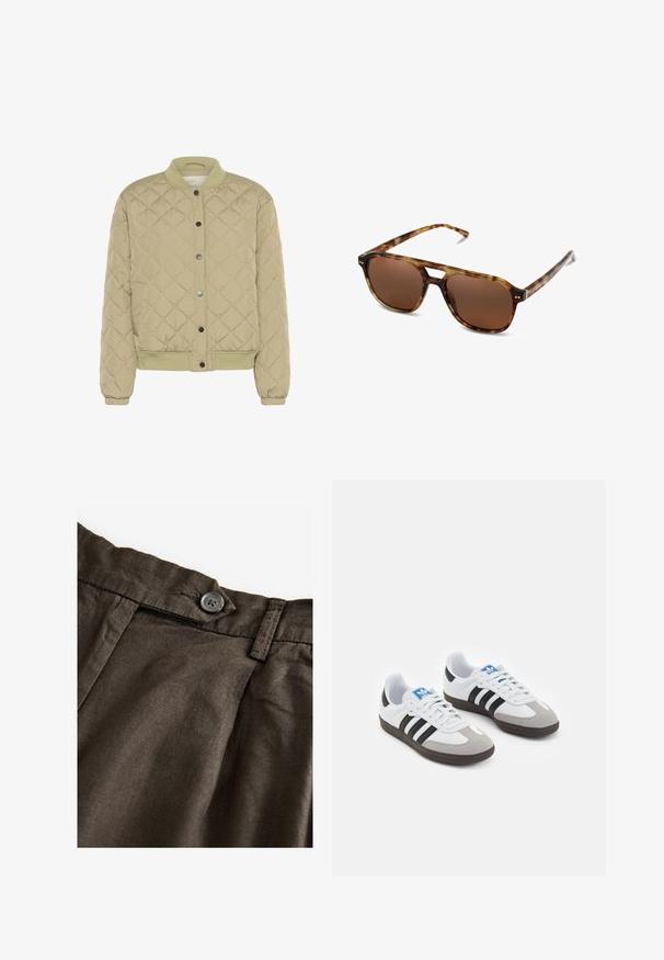 Gepolsterte olivgrüne Bomberjacke mit geripptem Kragen, Druckknöpfen und elastischen Bündchen. Sie verfügt über ein strukturiertes Rautenmuster und seitliche Taschen.; Weißes T-Shirt mit kurzen Ärmeln aus Baumwolle. Hat einen Rundhalsausschnitt und eine lockere Passform. Glatte Textur ohne sichtbare Muster oder Akzente.; Braune Leinenhosen mit Knopfverschluss, Falten auf der Vorderseite und einem strukturierten Stoff. Der Bund ist mit sichtbaren Nähten gestaltet.; Sportschuhe mit einem Obermaterial aus weißem Leder, grauer Wildleder-Zehenkappe und drei schwarzen Streifen. Sie verfügen über ein blaues Logo auf der Zunge und eine strukturierte Gummisohle.; Schildpatt-Sonnenbrille mit braunen Gläsern, rechteckiger Form und dünnen Bügeln. Verfügt über subtile metallische Akzente im Gestell.