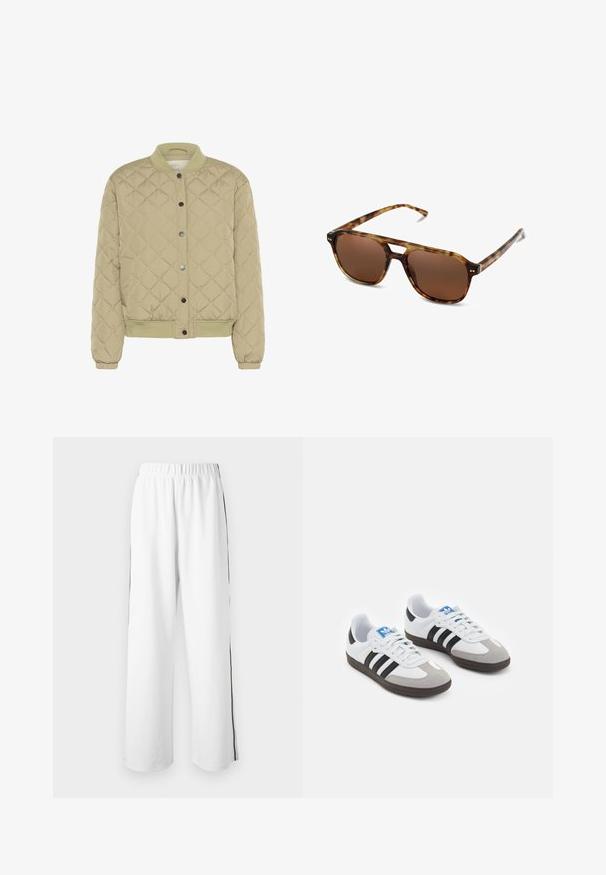 Quilted olive-green bomber jacket with a ribbed collar, snap buttons, and elastic cuffs. Features a textured diamond pattern and side pockets.; White short-sleeve t-shirt made of cotton. Features a crew neckline and a relaxed fit. Smooth texture with no visible patterns or accents.; White wide-leg pants with an elastic waistband and side black stripes. Made from smooth fabric, featuring a relaxed, casual fit.; Sport shoes with a white leather upper, gray suede toe, and three black stripes. Features a blue logo on the tongue and a textured rubber sole.; Tortoiseshell sunglasses with brown lenses, rectangular shape, and thin arms. Features subtle metallic accents on the frame.