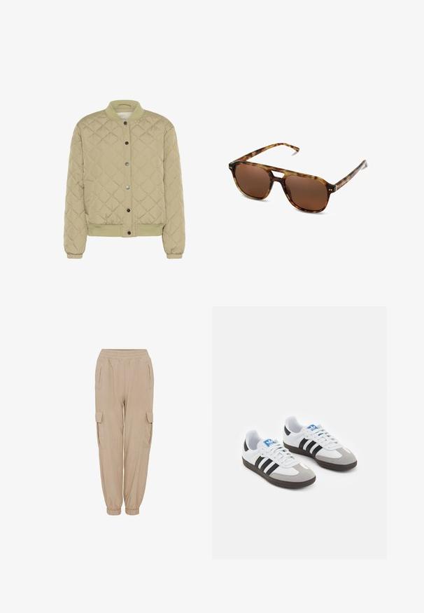 Gepolsterte olivgrüne Bomberjacke mit geripptem Kragen, Druckknöpfen und elastischen Bündchen. Sie verfügt über ein strukturiertes Rautenmuster und seitliche Taschen.; Weißes T-Shirt mit kurzen Ärmeln aus Baumwolle. Hat einen Rundhalsausschnitt und eine lockere Passform. Glatte Textur ohne sichtbare Muster oder Akzente.; OPUS MABECCA - Cargohose - soft oat; Sportschuhe mit einem Obermaterial aus weißem Leder, grauer Wildleder-Zehenkappe und drei schwarzen Streifen. Sie verfügen über ein blaues Logo auf der Zunge und eine strukturierte Gummisohle.; Schildpatt-Sonnenbrille mit braunen Gläsern, rechteckiger Form und dünnen Bügeln. Verfügt über subtile metallische Akzente im Gestell.