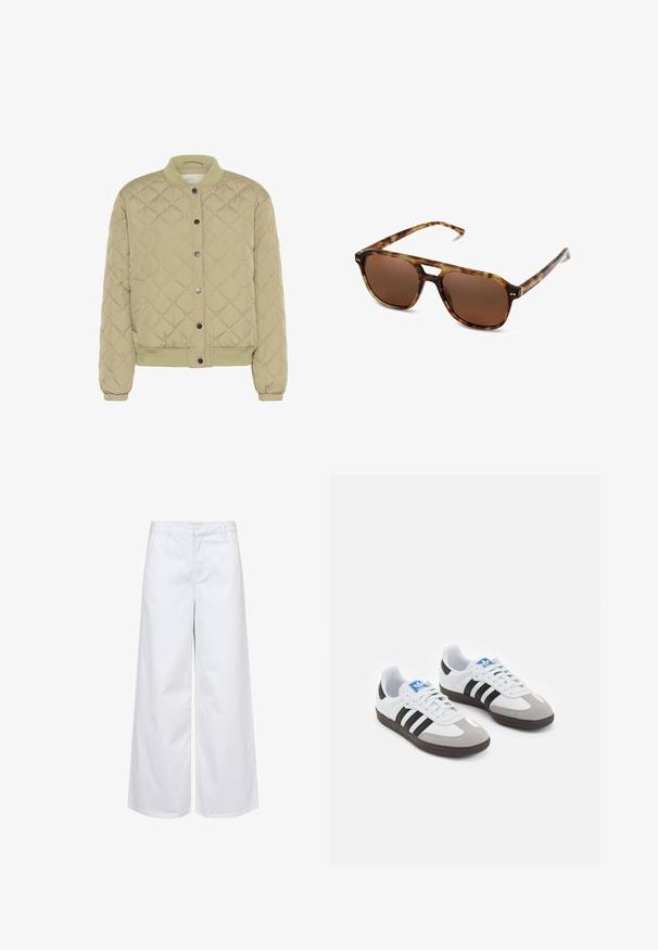Pikowana bomberka w oliwkowym kolorze z prążkowanym kołnierzem, zatrzaskami i elastycznymi mankietami. Posiada teksturowany wzór w romby oraz, kieszenie po bokach.; Biała koszulka z krótkim rękawem, wykonana z bawełny. Posiada okrągły dekolt i luźny krój. Gładka faktura bez widocznych wzorów czy akcentów.; Białe spodnie o szerokich nogawkach wykonane z bawełny, z dopasowanym paskiem i przednimi kieszeniami. Gładka tekstura z czystym, minimalistycznym wzornictwem.; Buty sportowe z białą skórzaną cholewką, szarym zamszowym noskiem i trzema czarnymi paskami. Posiadają niebieskie logo na języku oraz teksturowaną gumową podeszwę.; Okulary przeciwsłoneczne w desenie żółwia z brązowymi soczewkami, prostokątnym kształtem i cienkimi zausznikami. Charakteryzują się subtelnymi metalicznymi akcentami na oprawie.