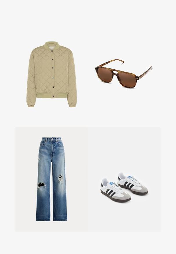 Prošívaná olivově zelená bomber bunda s žebrovaným límcem, patentními knoflíky a elastickými manžetami. Má strukturovaný diamantový vzor a postranní kapsy.; Bílý krátký rukáv tričko vyrobené z bavlny. Má kulatý výstřih a volný střih. Hladký materiál bez viditelných vzorů nebo akcentů.; Modré džínové kalhoty s širokými nohavicemi a otvory na kolenou, s vysokým pasem, zapínáním na knoflíky a klasickým pětikapsovým designem.; Sportovní boty s bílým koženým svrškem, šedou semišovou špičkou a třemi černými pruhy. Obsahují modré logo na jazyku a texturovanou gumovou podrážku.; Sluneční brýle v želvovinovém designu s hnědými skly, obdélníkovým tvarem a tenkými rameny. Rám má jemné kovové akcenty.