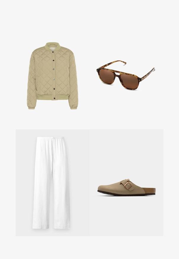 Gevoerd olijfgroen bomberjack met een geribde kraag, drukknoopsluiting en elastische manchetten. Beschikt over een gestructureerd ruitpatroon en zijkappen.; Witte korte mouwen t-shirt van katoen. Heeft een ronde halslijn en een ontspannen pasvorm. Glad textuur zonder zichtbare patronen of accenten.; Witte linnen broeken met een relaxte pasvorm, voorzien van een elastische tailleband en trekkoord, en rechte benen met een nette zoom.; Beige klompen met een afgeronde neus, verstelbare gespaccent, en kurk voetbed. Gestructureerd oppervlak met een zwarte rubberen zool voor grip.; Tortoishell zonnebril met bruine lenzen, rechthoekige vorm en dunne pootjes. Heeft subtiele metallic accenten op het frame.