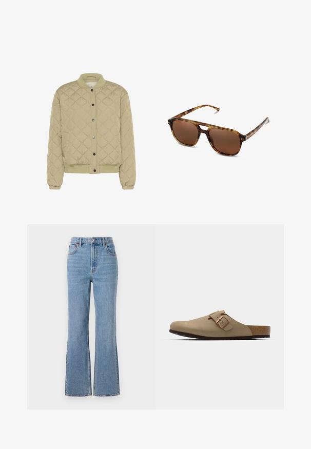 Vihreä palttinabomber-takki jossa on resorikaulus, painonappikiinnitys ja joustavat hihansuut. Takissa on teksturoitu timanttikuvio ja sivutaskut.; Valkoinen lyhythihainen T-paita, joka on tehty puuvillasta. Siinä on pyöreä kaula-aukko ja rento malli. Silkkinen pinta ilman näkyviä kuvioita tai koristeita.; Abercrombie & Fitch FRONT TO BACK TONAL STRAIGHT - Relaxed fit -farkut - blue denim; Beige klootziga muudest jalatsitest ümara varbaga, reguleeritava pandla aktsendiga ja korkjalatsiga. Tekstureeritud pind mustast kummist tallaga haardeks.; Kilpikonnakuosiset aurinkolasit ruskeilla linsseillä, suorakulmainen muoto ja ohuet sangan osat. Kehyksissä on hienovaraisia metallikoristeluja.