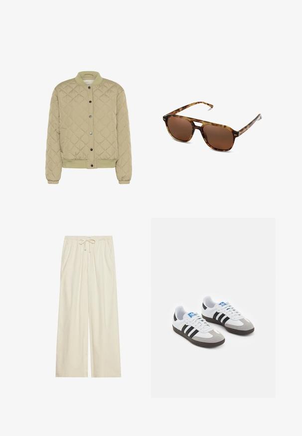 Gepolsterte olivgrüne Bomberjacke mit geripptem Kragen, Druckknöpfen und elastischen Bündchen. Sie verfügt über ein strukturiertes Rautenmuster und seitliche Taschen.; Weißes T-Shirt mit kurzen Ärmeln aus Baumwolle. Hat einen Rundhalsausschnitt und eine lockere Passform. Glatte Textur ohne sichtbare Muster oder Akzente.; Helle Cremefarbene weite Hose mit elastischem Bund und Kordelzug, ausgestattet mit Seitentaschen und einem strukturierten Stoff.; Sportschuhe mit einem Obermaterial aus weißem Leder, grauer Wildleder-Zehenkappe und drei schwarzen Streifen. Sie verfügen über ein blaues Logo auf der Zunge und eine strukturierte Gummisohle.; Schildpatt-Sonnenbrille mit braunen Gläsern, rechteckiger Form und dünnen Bügeln. Verfügt über subtile metallische Akzente im Gestell.