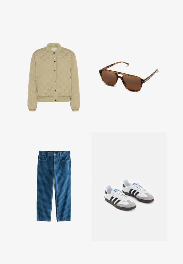 Veste bomber matelassée vert olive avec un col ribé, des boutons-pression et des poignets élastiques. Présente un motif en losanges texturé et des poches latérales.; T-shirt blanc à manches courtes en coton. Doté d'un col ras du cou et d'une coupe décontractée. Texture lisse sans motifs ni accents visibles.; Jean en denim bleu à motif à carreaux. Comprend cinq poches, une fermeture éclair et une taille avec passants de ceinture standard. Coupe décontractée, jambe droite.; Baskets avec une tige en cuir blanc, un bout en daim gris et trois bandes noires. Présente un logo bleu sur la languette et une semelle en caoutchouc texturée.; Lunettes de soleil en écaille de tortue avec verres marron, forme rectangulaire et branches fines. Présente des accents métalliques subtils sur la monture.