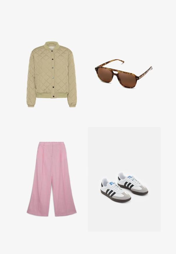 Gepolsterte olivgrüne Bomberjacke mit geripptem Kragen, Druckknöpfen und elastischen Bündchen. Sie verfügt über ein strukturiertes Rautenmuster und seitliche Taschen.; Weißes T-Shirt mit kurzen Ärmeln aus Baumwolle. Hat einen Rundhalsausschnitt und eine lockere Passform. Glatte Textur ohne sichtbare Muster oder Akzente.; Helle rosa Leinen-Hose mit weitem Bein, gefaltetem Frontbereich, zwei seitlichen Taschen und einem Bund. Glatte Textur, lässiges Design.; Sportschuhe mit einem Obermaterial aus weißem Leder, grauer Wildleder-Zehenkappe und drei schwarzen Streifen. Sie verfügen über ein blaues Logo auf der Zunge und eine strukturierte Gummisohle.; Schildpatt-Sonnenbrille mit braunen Gläsern, rechteckiger Form und dünnen Bügeln. Verfügt über subtile metallische Akzente im Gestell.