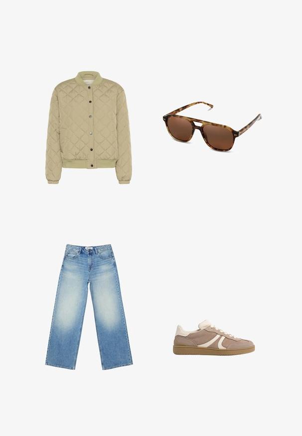 Prošívaná olivově zelená bomber bunda s žebrovaným límcem, patentními knoflíky a elastickými manžetami. Má strukturovaný diamantový vzor a postranní kapsy.; Bílý krátký rukáv tričko vyrobené z bavlny. Má kulatý výstřih a volný střih. Hladký materiál bez viditelných vzorů nebo akcentů.; Světle modré široké džíny vyrobené z denimu, s vysokým pasem, bledým jemným omakem a klasickým designem s pěti kapsami a zapínáním na přední knoflík.; Tenisky s béžovým nubukovým svrškem a krémovými akcenty, kulatou špičkou, šněrováním a texturovanou gumovou podrážkou pro lepší přilnavost.; Sluneční brýle v želvovinovém designu s hnědými skly, obdélníkovým tvarem a tenkými rameny. Rám má jemné kovové akcenty.