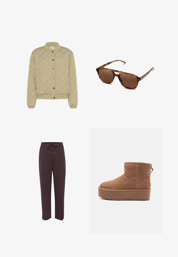 Gepolsterte olivgrüne Bomberjacke mit geripptem Kragen, Druckknöpfen und elastischen Bündchen. Sie verfügt über ein strukturiertes Rautenmuster und seitliche Taschen.; Weißes T-Shirt mit kurzen Ärmeln aus Baumwolle. Hat einen Rundhalsausschnitt und eine lockere Passform. Glatte Textur ohne sichtbare Muster oder Akzente.; Dunkelbraune Jogginghose mit einem Kordelzugbund, Seitentaschen und einem lässigen Schnitt. Weicher Stoff mit glatter Textur und geradem Bein.; Beige Wildleder-Ankle-Boot mit Plateausohle, abgerundetem Zehenbereich und abgesteppten Akzenten; verfügt über eine Zuglasche hinten für einfaches An- und Ausziehen.; Schildpatt-Sonnenbrille mit braunen Gläsern, rechteckiger Form und dünnen Bügeln. Verfügt über subtile metallische Akzente im Gestell.
