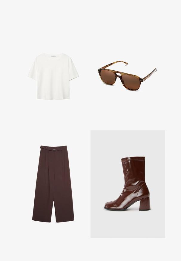 Giacca bomber trapuntata verde oliva con colletto a costine, bottoni a pressione e polsini elasticizzati. Presenta un motivo esagonale testurizzato e tasche laterali.; T-shirt bianco a maniche corte realizzato in cotone. Presenta un collo tondo e una vestibilità rilassata. Texture liscia senza motivi o dettagli visibili.; Stradivarius WIDE-LEG WITH BUCKLE DETAIL - Pantaloni - dark brown; Stivale alla caviglia marrone lucido con punta arrotondata, tacco a blocco, gambale aderente e cuciture decorative lungo il bordo superiore.; Occhiali da sole tartarugati con lenti marroni, forma rettangolare e aste sottili. Presentano accenti metallici sottili sulla montatura.