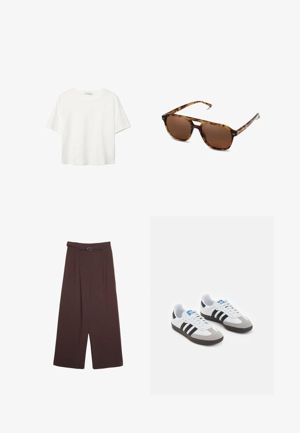 Quilted olive-green bomber jacket with a ribbed collar, snap buttons, and elastic cuffs. Features a textured diamond pattern and side pockets.; White short-sleeve t-shirt made of cotton. Features a crew neckline and a relaxed fit. Smooth texture with no visible patterns or accents.; Stradivarius WIDE-LEG WITH BUCKLE DETAIL  - Trousers - dark brown; Sport shoes with a white leather upper, gray suede toe, and three black stripes. Features a blue logo on the tongue and a textured rubber sole.; Tortoiseshell sunglasses with brown lenses, rectangular shape, and thin arms. Features subtle metallic accents on the frame.