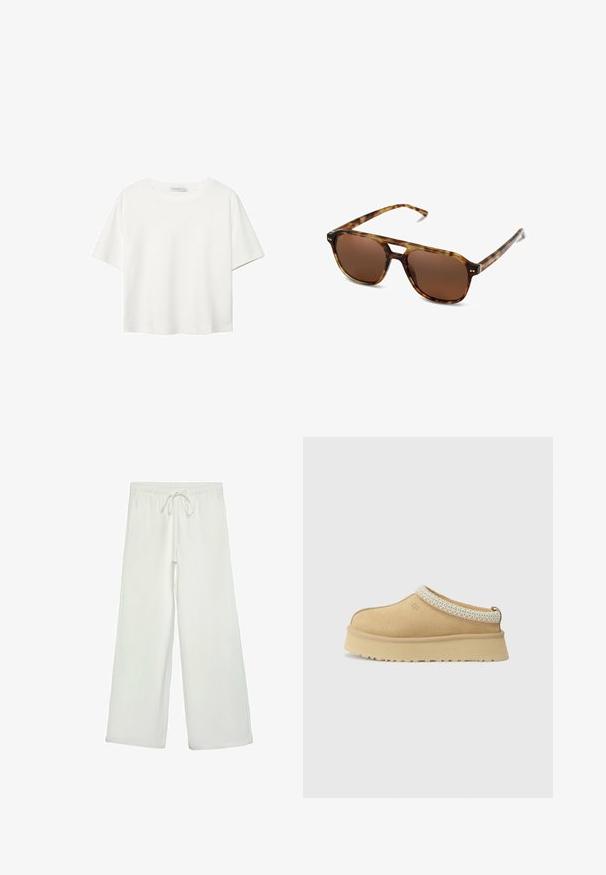 Gevoerd olijfgroen bomberjack met een geribde kraag, drukknoopsluiting en elastische manchetten. Beschikt over een gestructureerd ruitpatroon en zijkappen.; Witte korte mouwen t-shirt van katoen. Heeft een ronde halslijn en een ontspannen pasvorm. Glad textuur zonder zichtbare patronen of accenten.; Witte wijde broek van zacht materiaal. Heeft een elastische tailleband met een trekkoord en een gladde textuur. Geen zichtbare patronen of hardware.; Tan suède instapschoen met een gevoerd kraagje en een gestructureerde lichtblauwe accent. Voorzien van een dikke, duurzame buitenzool met een patroon in de loop.; Tortoishell zonnebril met bruine lenzen, rechthoekige vorm en dunne pootjes. Heeft subtiele metallic accenten op het frame.