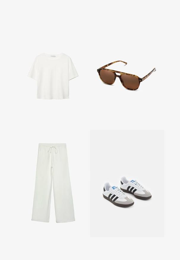 Veste bomber matelassée vert olive avec un col ribé, des boutons-pression et des poignets élastiques. Présente un motif en losanges texturé et des poches latérales.; T-shirt blanc à manches courtes en coton. Doté d'un col ras du cou et d'une coupe décontractée. Texture lisse sans motifs ni accents visibles.; Pantalons larges blancs en tissu doux. Dotés d'une taille élastique avec cordon de serrage et d'une texture lisse. Aucuns motifs visibles ni éléments en métal.; Baskets avec une tige en cuir blanc, un bout en daim gris et trois bandes noires. Présente un logo bleu sur la languette et une semelle en caoutchouc texturée.; Lunettes de soleil en écaille de tortue avec verres marron, forme rectangulaire et branches fines. Présente des accents métalliques subtils sur la monture.