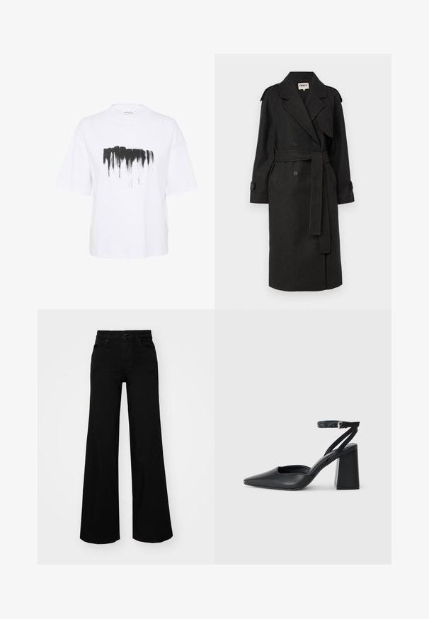 ONLY ONLDEAR TRILLION BELT - Mantel - dark grey; Witte katoenen t-shirt met een losse pasvorm, voorzien van een zwarte penseelstreekprint over de borst en korte mouwen.; Zwarte wijdvallende broek van denim, met een gestructureerde tailleband, riemlussen en voorzakken. Glad van textuur met een klassiek ontwerp.; Zwarte leren puntige pump met een enkelbandje en een chunky hak. Vlakke textuur, strakke vormgeving en minimalistische esthetiek.