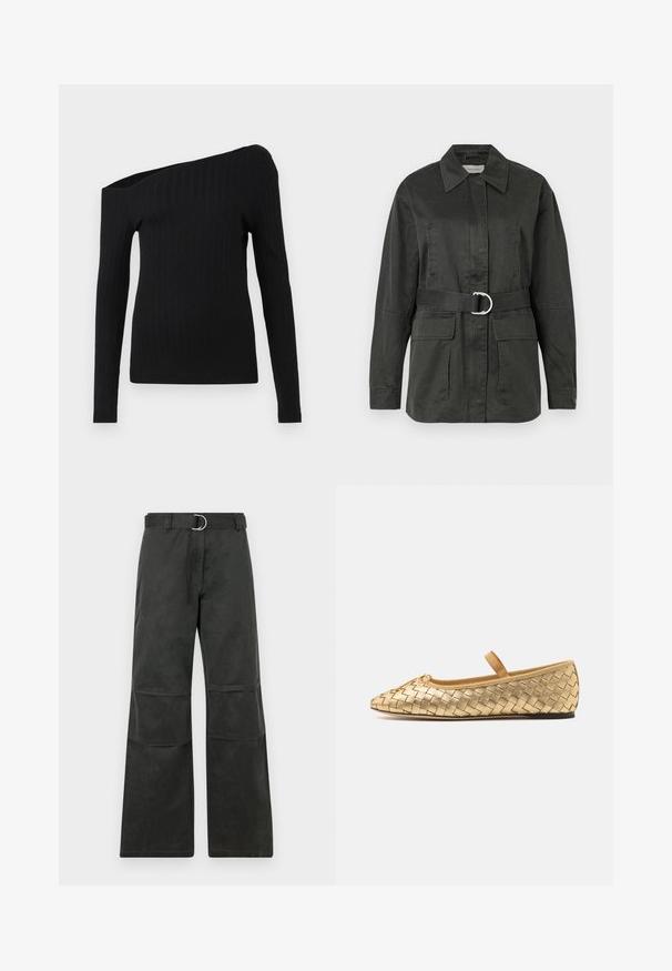 Tmavozelená utility bunda vyrobená z bavlneného zmesi, s ostrým golierom, prednými vreckami, opaskom so striebornou kruhovou sponou a voľným strihom.; Čierny rebrovaný top s dlhými rukávmi a asymetrickým výstrihom, ktorý má jeden ramenný dizajn a hladkú textúru.; Čierne nohavice s širokými nohavicami a stredne vysokým pásom, so šatkou so striebornou kruhovou prackou a zdobené kolennými záplatami.; Loeffler Randall LEONIE SOFT BALLET FLAT - Balerínky s remienkom okolo členku - gold