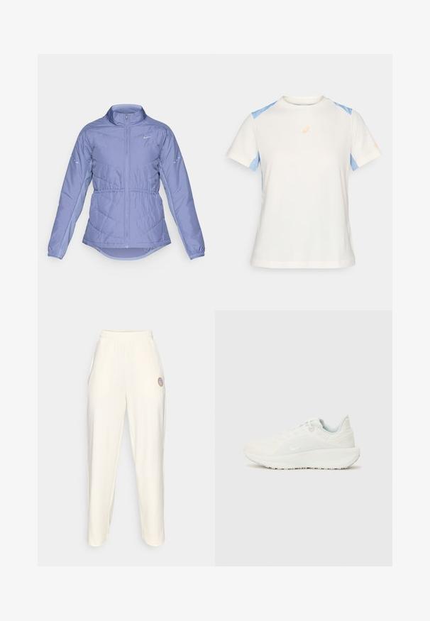 Casaco acolchoado de cor púrpura clara, com fecho éclair frontal completo, gola alta, punhos elásticos e logótipos refletores da Nike no peito e nas mangas.; T-shirt leve de manga curta em creme com painéis laterais azuis. Apresenta um logotipo laranja no peito e detalhes de costura contrastantes.; Calças de felpa em tom de creme, com um cós elástico, pernas ajustadas e um pequeno logótipo circular na coxa esquerda. Textura suave.; Tênis atléticos brancos com um cabedal texturizado, colarinho almofadado e fecho de atacadores. Apresenta uma sola curva e uma marcação discreta na lateral.