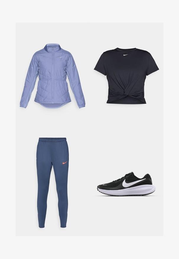 Light purple padded jacket with full front zipper, high collar, elastic cuffs, and reflective Nike logos on chest and sleeves.; Black athletic t-shirt made of smooth fabric, featuring a knotted front design and a small white Nike logo on the chest.; Navy blue athletic pants with a tapered design, elastic waistband, and a small orange Nike logo on the left thigh. Smooth texture.; Black athletic shoe with a textured mesh upper, white swoosh logo, padded collar, and a thick, cushioned white midsole. Rubber outsole.