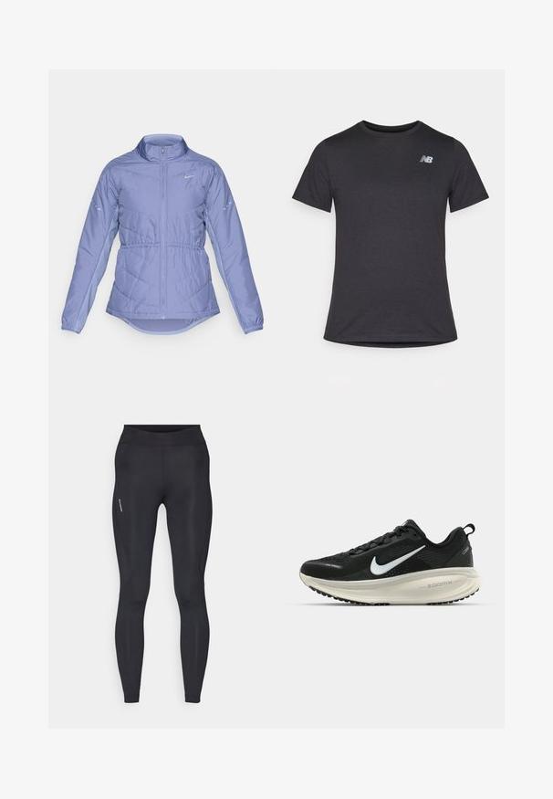 Šviesiai violetinė paminkštinta striukė su pilnu priekiniu užtrauktuku, aukšta apykakle, elastingais rankogaliais ir atspindinčiais Nike logotipais ant krūtinės ir rankovių.; Juodas trumpomis rankovėmis marškinėliai, pagaminti iš minkštos medžiagos, su mažą pilką New Balance logotipą viršutiniame kairiajame krūtinės srityje, klasikinio apvalaus iškirpimo dizainas.; Juodi sportiniai leggingai, pasižymintys lygiu paviršiumi, pilno ilgio dizainu ir subtiliais šonais siūlėmis. Kairėje pusėje yra mažas logotipas.; Juodas Nike sportinis batelis su kvėpuojančiu tinklu, baltu swoosh logotipu, tekstūruoto dizaino detalėmis ir grietinėlės spalvos ZoomX viduriu.