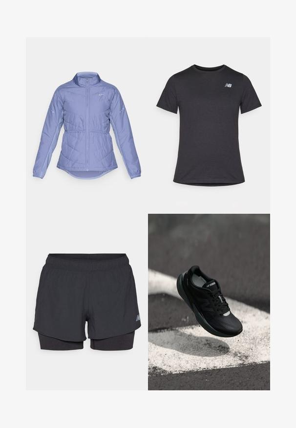Chaqueta acolchada de color lila claro con cremallera frontal completa, cuello alto, puños elásticos y logotipos reflectantes de Nike en el pecho y las mangas.; Camiseta negra de manga corta hecha de una tela suave, con un pequeño logotipo gris de New Balance en la parte superior izquierda del pecho, diseño clásico de cuello redondo.; Pantalones cortos deportivos negros con un forro interior, que cuentan con una cinturilla elástica, textura suave y un logo reflectante en el costado.; Zapatilla de correr negra con un upper texturizado, diseño elegante y acentos reflectantes. Presenta una suela suave y acolchada para mayor comodidad.