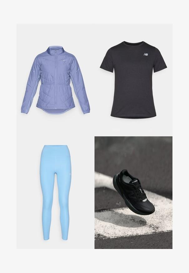 Vaalean violetti pehmustettu takki, jossa on täysi etuvetoketju, korkea kaulus, joustavat hihansuut ja heijastavat Nike-logot rinnassa ja hihoissa.; Musta lyhyt hiha t-paita, joka on valmistettu pehmeästä kankaasta. Paidassa on pieni harmaa New Balance -logo vasemmassa ylärinnassa ja klassinen pyöreä kaula-aukko.; Under Armour MOTION ANKLE LEG - Trikoot - horizon blue/white; Musta juoksukenkä, jossa on teksturoitu yläosa, tyylikäs muotoilu ja heijastavat yksityiskohdat. Varustettu pehmeällä, vaimennettulla pohjalla mukavuutta varten.