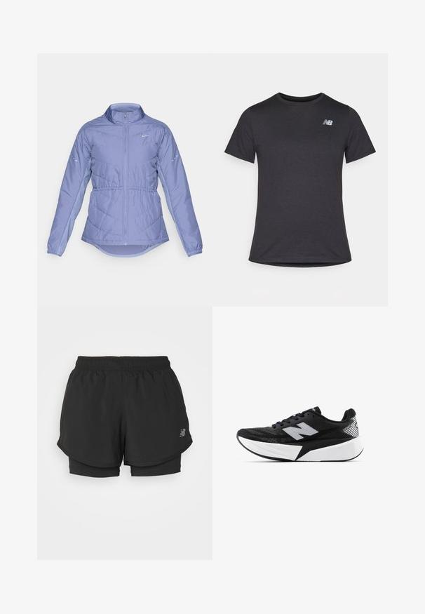Lichtpaarse gewatteerde jas met volledige ritssluiting aan de voorkant, hoge kraag, elastische manchetten en reflecterende Nike-logo's op de borst en mouwen.; Zwarte korte mouwen t-shirt van zacht materiaal, met een klein grijs New Balance-logo op de bovenste linkerborst, klassieke ronde hals ontwerp.; Zwarte sportshorts met een elastische tailleband, voorzien van een gelaagd ontwerp en een binnenvoering. De stof lijkt lichtgewicht en soepel te zijn.; Zwart-witte New Balance hardloopschoen met een dikke zool, bovenwerk van mesh en het "N"-logo aan de zijkant, bekeken vanaf de buitenzijde.