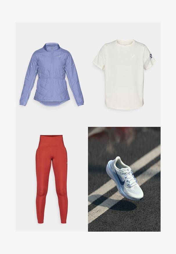 Lichtpaarse gewatteerde jas met volledige ritssluiting aan de voorkant, hoge kraag, elastische manchetten en reflecterende Nike-logo's op de borst en mouwen.; Lichtbeige sport t-shirt gemaakt van ademende stof. Beschikt over korte mouwen, een ronde hals en een gestippeld patroon op de rechtermouw.; Hoge taille, aansluitende leggings in een rijke rode stof, met platte naden en een zijzak voor gemak. Gladde textuur, rekbaar materiaal.; Witte sportieve schoen met ademende mesh bovenkant en blauwe accenten. Beschikt over een gevoerde zool en platte veters. De middenzool toont het merk "Air Zoom".
