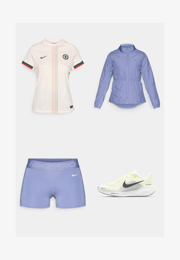 Vaalean violetti pehmustettu takki, jossa on täysi etuvetoketju, korkea kaulus, joustavat hihansuut ja heijastavat Nike-logot rinnassa ja hihoissa.; Valkoinen kerma jalkapallo-asu, jossa on pyöreä kaula-aukko, lyhyet hihat, Chelsea FC -logo, vihreät ja punaiset vivahdeviivat sekä pystysuorat kuviot.; Nike Pro kompression shorts i lys lilla, med en bred talje med "NIKE PRO" tekst, glat tekstur og mønstrede sideaccentuer.; Nike juoksukengät, joissa on vaaleankeltainen ja valkoinen verkko-osa, harmaita yksityiskohtia ja joustava kumipohja. Varusteet nauhakiinnityksellä.