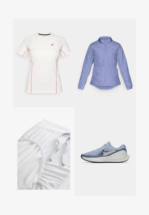 Veste rembourrée violette claire avec zippée sur le devant, col haut, poignets élastiques et logos réfléchissants Nike sur la poitrine et les manches.; T-shirt de sport blanc à manches courtes avec des piqûres roses sur les côtés et les manches, arborant un petit logo Asics rose sur la poitrine.; Shorts de sport blancs avec une taille texturée, des détails froncés sur les côtés et un cordon plat. Tissu doux avec une finition lisse.; Chaussure de course Nike bleu clair et blanche avec un swoosh argenté, tige en mesh respirant, semelle rembourrée et semelle extérieure noire.