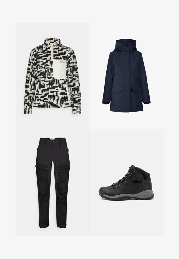 Wodoodporna kurtka w kolorze granatowym z wysokim kołnierzem, dużymi przednimi kieszeniami i zamkami błyskawicznymi. Mankiety wyściełane polarem zapewniają ciepło i komfort.; Polarowy sweter z wysokim kołnierzem, z czarno-kremowym abstrakcyjnym wzorem, z zamykaną na zamek kieszenią na piersi oraz kieszeniami w szwach bocznych.; Czarne spodnie cargo wykonane z wytrzymałego materiału, z wieloma kieszeniami, zamkiem błyskawicznym oraz płaskim paskiem w talii. Teksturowane detale na kolanach i bokach.; Czarne buty trekkingowe z średnim cholewem, z teksturowaną cholewą, szarymi akcentami oraz trwałą gumową podeszwą z wypustkami zapewniającymi przyczepność.