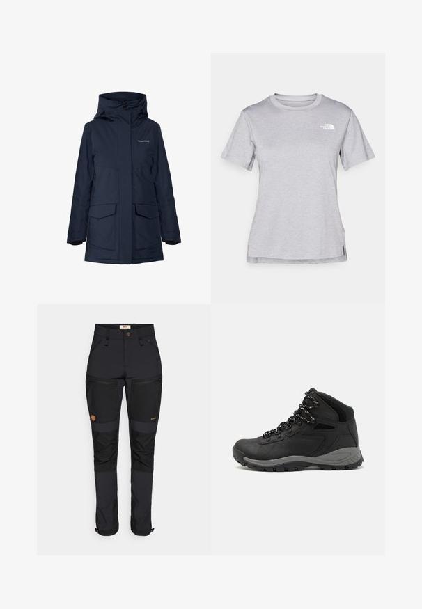 Wodoodporna kurtka w kolorze granatowym z wysokim kołnierzem, dużymi przednimi kieszeniami i zamkami błyskawicznymi. Mankiety wyściełane polarem zapewniają ciepło i komfort.; Szara, krótkozasięgowa koszulka wykonana z miękkiego, odprowadzającego wilgoć materiału. Posiada okrągły dekolt oraz małe białe logo w górnym lewym rogu.; Fjällräven KEB AGILE czarny; Czarne buty trekkingowe z średnim cholewem, z teksturowaną cholewą, szarymi akcentami oraz trwałą gumową podeszwą z wypustkami zapewniającymi przyczepność.