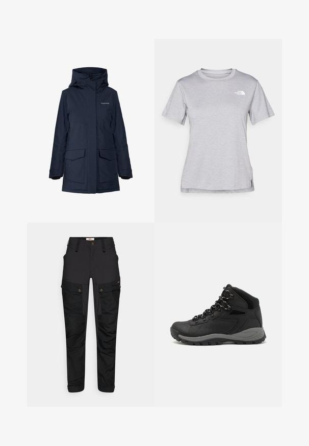 Voděodolná tmavě modrá bunda s vysokým límcem, velkými předními kapsami a zipovými uzávěry. Rukávy jsou podšity fleecem pro teplo a pohodlí.; Šedé tričko s krátkým rukávem vyrobené z měkké, vlhkosti odvádějící tkaniny. Obsahuje kulatý výstřih a malé bílé logo na levém horním rukávu.; Černé cargo kalhoty vyrobené z odolné tkaniny, se spoustou kapes, zipovým zapínáním a plochým pasem. Texturované detaily na kolenou a po stranách.; Černé turistické boty s mírně vyšším střihem, které mají texturovaný svršek, šedé detaily a odolnou gumovou podrážku s trakčními výstupky.