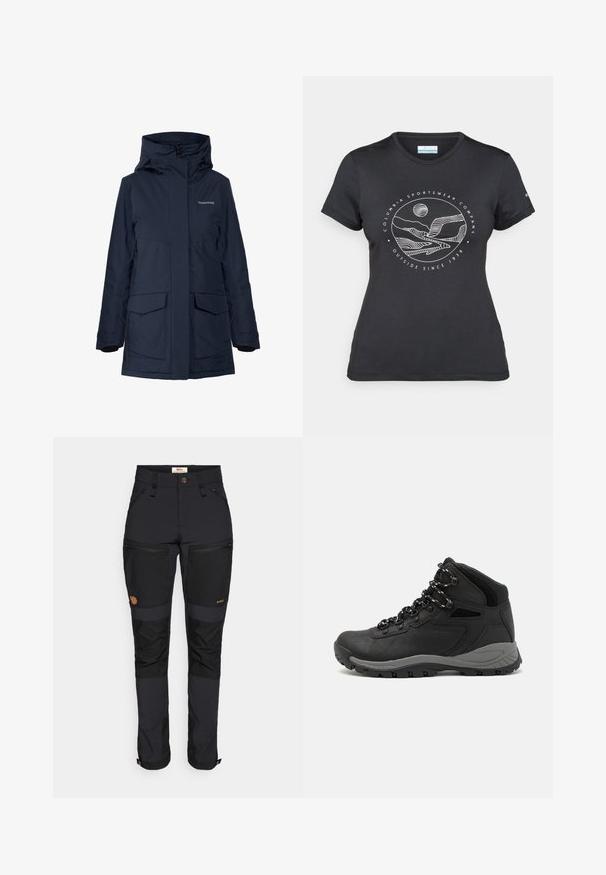 Jūras zils ūdensizturīgs jaka ar augstu apkakli, lielām priekšējām kabatām un rāvējslēdzēja aizdares. Aplokiem ir plīša oderējums, kas nodrošina siltumu un komfortu.; Melnā Columbia T-kreklā ar baltu apļa kalnu un upes kontūru mākslu, kā arī tekstu "Columbia Sportswear Company Outside Since 1938."; Fjällräven KEB AGILE TROUSERS - Āra bikses - black; Melni pārgājienu zābaki ar vidēju augstumu, ar teksturētu augšdaļu, pelēkiem akcentiem un izturīgu gumijas zoli ar saķeres izvirzījumiem.