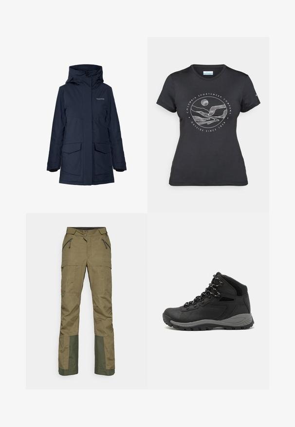 Tengerész kék vízálló dzseki magas gallérral, nagy elülső zsebekkel és cipzáras záródással. Polár bélésű mandzsetták melegséget és kényelmet biztosítanak.; Fekete Columbia póló fehér, kör alakú hegy és folyó vonalrajzzal, valamint a "Columbia Sportswear Company Outside Since 1938" felirattal.; Olíva zöld kültéri nadrág, cipzáras zsebekkel, gombos záródással, megerősített sötétebb zöld anyaggal az alsó lábszárakon a strapabírósság érdekében.; Fekete túracipő közepes magasságú kialakítással, texturált felsőrésszel, szürke részletekkel és strapabíró gumitalppal, amelynek tapadós kiemelkedései vannak.