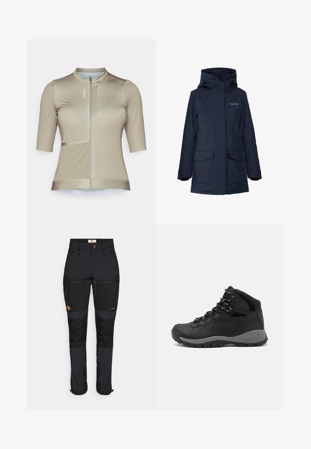 Marineblå vanntett jakke med høy krage, store frontlommer og glidelåslukking. Fôrede mansjetter i fleece gir varme og komfort.; Kortermet sykletrøye i lys beige, med glidelås foran, strukturert stoff og en glidelåslomme på brystet.; Fjällräven KEB AGILE TROUSERS - Friluftsbukser - black; Sorte turstøvler med mid-topp design, som har en teksturert overdel, grå detaljer og slitesterk gummisåle med godt grep.