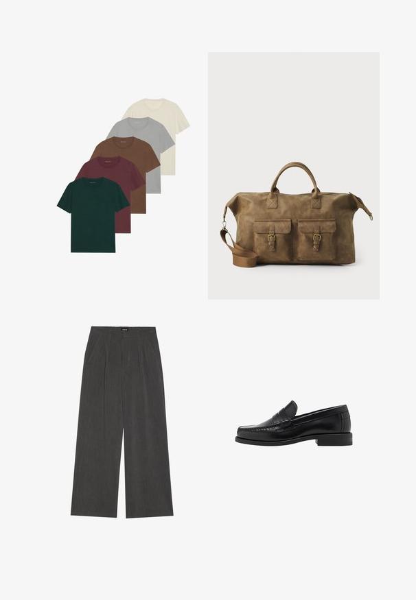 Czarny płaszcz z kołnierzem, pięcioma guzikami z przodu, bocznymi kieszeniami oraz prostym krojem, wykonany z gładkiego materiału o matowym wykończeniu.; Pięć t-shirtów z okrągłym dekoltem w różnych kolorach: ciemna zieleń, burgund, brązowy, jasnoszary i kremowy; wszystkie mają krótkie rękawy i gładką fakturę.; Spodnie o szerokich nogawkach w ciemnoszarym kolorze, z plisowanym przodem, dwiema bocznymi kieszeniami i płaskim pasem. Gładka tekstura i dopasowany krój.; Czarne skórzane mokasyny o gładkim wykończeniu, ze stębnowaniem na nosie i niskim obcasem, zapewniającymi komfort i styl.; Brązowa skórzana torba podróżna z dwiema przednimi kieszeniami, regulowanym paskiem na ramię, złotymi elementami i solidnymi uchwytami górnymi. Gładka textura.
