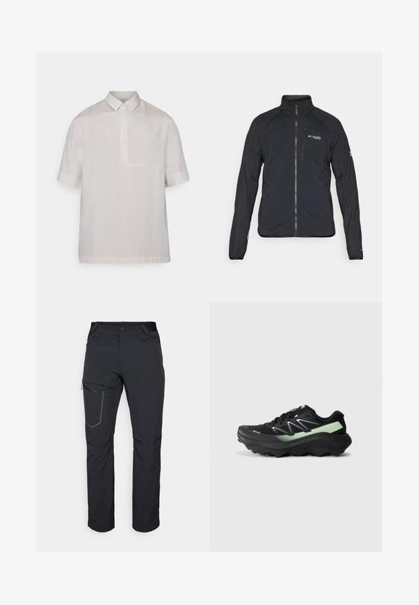 Chaqueta negra con cierre de cremallera, cuello alto y mangas largas. Hecha de material ligero con una textura suave. Logotipo en el pecho.; Camisa de manga corta con cuello en lino beige claro. Presenta una placket de medio botón y una textura sutil. Diseño limpio y minimalista.; Pantalones exteriores negros con un bolsillo en el muslo con cremallera, cintura elástica y tejido liso y resistente al agua. Diseño limpio sin logotipos visibles.; Zapatilla de running Salomon en negro y verde con suela gruesa y diseño de tracción agresivo, mostrada en perfil izquierdo sobre fondo blanco.