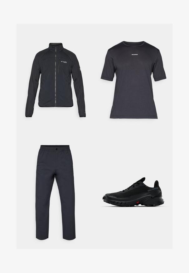 Črna jakna z zadrgo, visokim ovratnikom in dolgimi rokavi. Narejena iz lahkega materiala z gladko teksturo. Logo na prsih.; Črna kratkosrajčna performančna majica iz dihalnega blaga, s krožno izrezom in majhnim belim logotipom "SALOMON" na prsih.; Temno sivi hlače iz gladkega materiala. Imajo raztegljiv pas, sprednje zapiranje na gumb in rahlo ožja nogavica.; Črne športne čevlje z teksturirano zgornjšo plastjo, zaobljenim nosom in izrazitim gumijastim podplatom. Imajo logo na strani in rdeče detajle na podplatu.