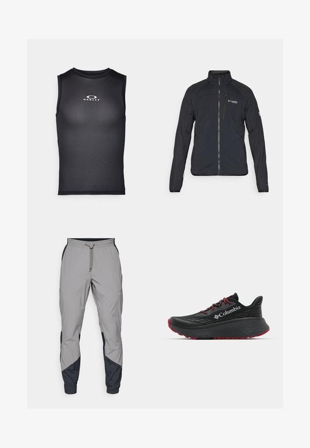 Svart jakke med glidelås, høy krage og lange ermer. Laget av lett materiale med en jevn tekstur. Logo på brystet.; Svart ermeløs treningsskjorte laget av mesh-materiale, med rund hals og "Oakley"-logoen i hvitt på brystet.; Lettvektige, grå treningsbukser med svarte detaljer. Elastisk midjebånd, snøring, tapered benedesign og sidelommer.; Svart treningssko med teksturert overdel, røde snører og logo. Tykksåle med mønstrede dekk for bedre veigrep. Minimalistisk design, sidevinkel.