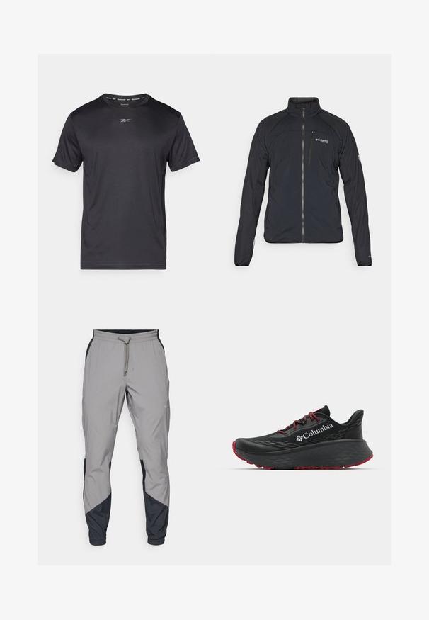 Mustmustaga, millel on lukuga sulgemine, kõrge krae ja pikad varrukad. Valmistatud kergest materjalist, millel on sile tekstuur. Logo rinnal.; Must have t-särk mustal värvil, valmistatud siledast kangast, ümar kaelus, lühikesed varrukad, rinnal vaevumärgatav hõbedane logo.; Kergedatud hallid sportlikud püksid mustade aktsentidega. Elastne vöökoht, stringiga sulgemine, kitsenev jala disain ja küljetaskud.; Mustan värvi spordijalats tekstuuriga pealisega, punaste paelte ja logoga. Paksem tallaga, millel on mustritooted kaheksast edasi liikumiseks. Minimalistlik disain, külgvaade.