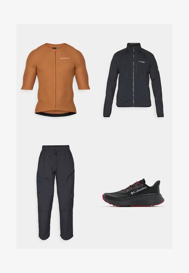 Juodas švarkas su užtrauktuku, aukštu apykakle ir ilgomis rankovėmis. Pagamintas iš lengvos medžiagos, su lygiu paviršiumi. Logotipas ant krūtinės.; Ruda trumpa rankovėmis dviratininko maikutė su reljefine tekstūra, priekyje su užtrauktuku ir juodu apvadu. Ant krūtinės pavaizduotas baltas „Isadore“ logotipas.; Juodos krovinių kelnės, pagamintos iš lengvos, vandeniui atsparios medžiagos; turi elastingą juosmenį, kelis užtrauktukais uždaromus kišenes ir siaurėjančius šonus.; Juodas sportinis batelis su tekstūruota viršutine dalimi, raudonais raišteliais ir logotipu. Storas padas su raštuotu protektoriu traukai. Minimalistinis dizainas, šoninis vaizdas.