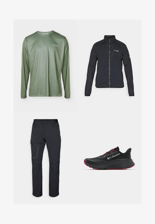 Schwarze Jacke mit Reißverschluss, hohem Kragen und langen Ärmeln. Aus leichtem Material mit glatter Oberfläche hergestellt. Logo auf der Brust.; Columbia TERMINAL TACKLE PFG LINE TIME - Langarmshirt - cypress; Schwarze Outdoor-Hosen mit einem Reißverschlusstaschen an den Oberschenkeln, elastischem Bund und glattem, wasserabweisendem Stoff. Sauberes Design ohne sichtbare Logos.; Schwarzer Sportschuh mit strukturiertem Obermaterial, roten Schnürsenkeln und Logo. Dicke Sohle mit strukturiertem Profil für Traktion. Minimalistisches Design, Seitenansicht.