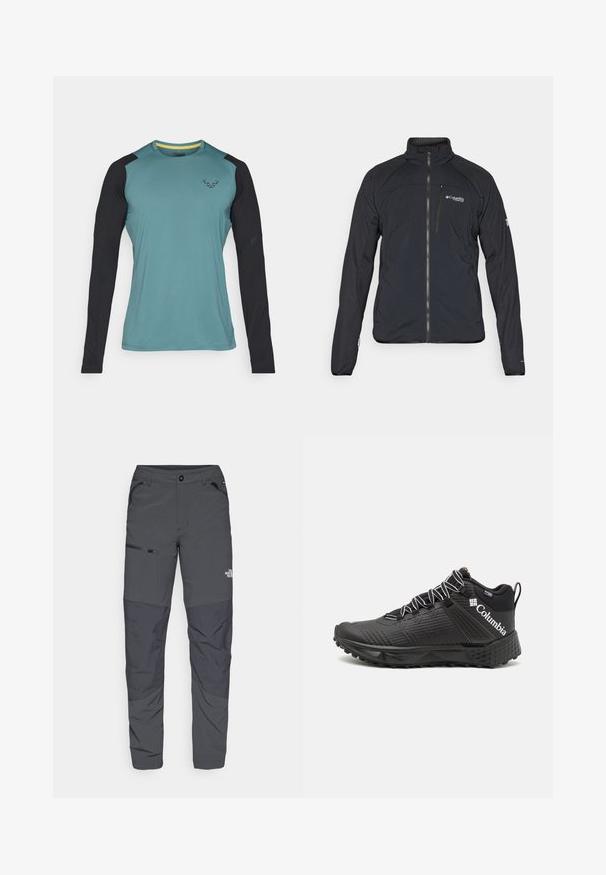 Schwarze Jacke mit Reißverschluss, hohem Kragen und langen Ärmeln. Aus leichtem Material mit glatter Oberfläche hergestellt. Logo auf der Brust.; Langärmliges Hemd mit einem türkisfarbenen Körper und schwarzen Ärmeln. Hergestellt aus glattem Stoff mit einer dezenten Textur, umfasst ein Logo auf der Brust.; Graue Outdoor-Hosen mit glatter Textur, ausgestattet mit einer seitlichen Reißverschlusstasche, verstärkten Kniepartien und einem dezenten Logo-Detail.; Schwarze Sportschuhe mit strukturiertem Obermaterial, kontrastierenden weißen Schnürsenkeln und Columbia-Logo an der Seite. Verfügt über eine robuste Sohle für besseren Halt.