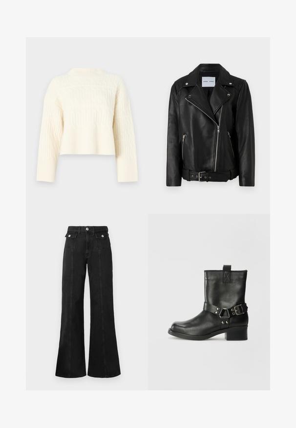 Czarna skórzana kurtka motocyklowa z metalowymi suwakami w kolorze srebrnym, paskiem w talii i szpiczastymi klapami. Posiada dwie kieszenie na zamek błyskawiczny oraz gładką teksturę.; Kremowy krótki sweter o teksturowanym wzorze, z prążkowanym wykończeniem i długimi rękawami. Wykonany z miękkiego dzianinowego materiału.; Czarne dżinsy dzwonowe z wysokim stanem, z dwoma przednimi kieszeniami, srebrnymi detalami metalowymi oraz widocznymi szwami na przodzie.; Samsøe Samsøe SABRENTA czarny
