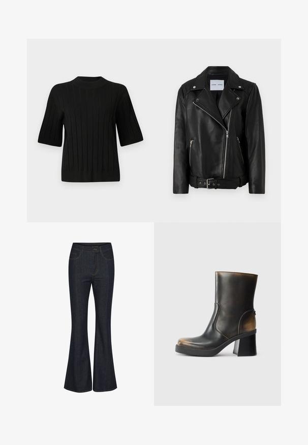 Black leather biker jacket with silver-tone zippers, belted waist, and peaked lapels. Features two zippered pockets and a smooth texture.; Black short-sleeve sweater with ribbed texture and a high neckline, featuring vertical lines and a fitted silhouette.; Dark blue flared jeans made of denim. Features front pockets, visible stitching, and a button closure at the waist. Smooth texture.; Black leather ankle boot with a glossy finish, rounded toe, contrasting tan accents, a block heel, and a side zipper detail.