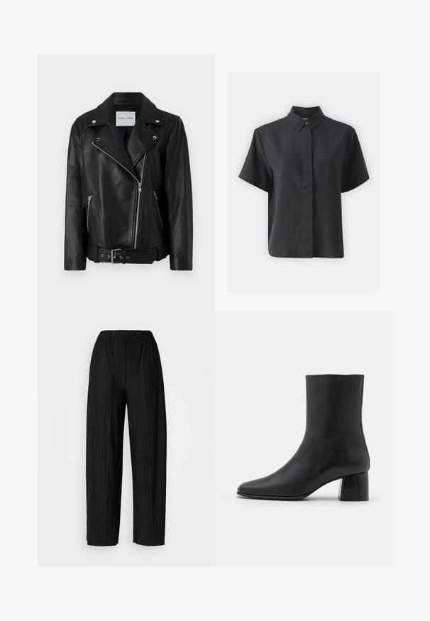 Veste en cuir noir pour motard avec des zips argentés, une taille ceinture et des revers en pointe. Comprend deux poches zippées et une texture lisse.; Chemise noire à manches courtes, avec un col classique, fabriquée en tissu lisse, présentant une coupe droite et un design minimaliste.; Pantalons larges plissés noirs avec une taille élastique. Le tissu présente des plis verticaux et une texture lisse.; Bottine en cuir noir avec un bout pointu et un talon carré épais. Texture lisse avec un design sans coutures et descoutures minimalistes.