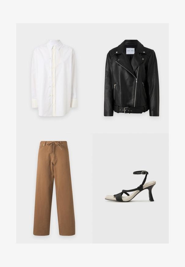 Melnā ādas motocikla jaka ar sudraba tonī rāvējslēdzējiem, jostu viduklī un izteiktiem atlokiem. Satur divas rāvējslēdzēju kabatas un gludu tekstūru.; Balts kokvilnas krekls ar pogām, ar norādītu apkakli, priekšējo pogu rindot, garām piedurknēm un gaiši krēmveida akcentiem uz aprocēm un pogu vietām.; Brūni plaši bikses, izgatavotas no kokvilnas, ar auklu viduklī un divām priekšējām kabatām. Iekšējais audums ir strukturēts, bet ārējais - gluds.; Melnas augstpapēžu sānijas ar pinuma siksnu dizainu, kvadrātveida purngali un regulējamu potītes siksnu. Gaismas beidzamais kāju paklājiņš ar spīdīgu melnu papēdi.