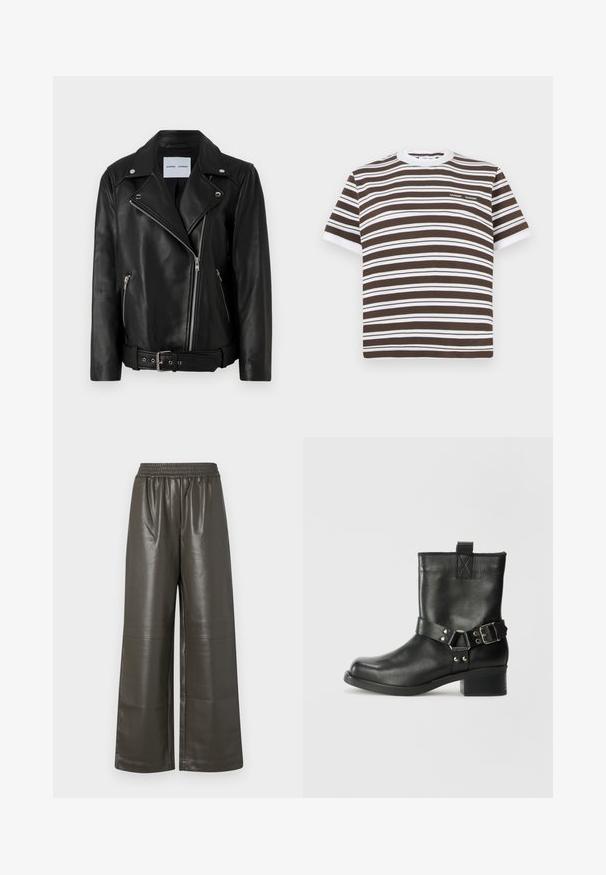 Crna kožna moto jakna s srebrnim zatvaračima, remenom u struku i šiljastim reverima. Ima dva džepa sa zatvaračem i glatku teksturu.; Smešani smeđi i bijeli prugasti majica kratkih rukava s okruglim dekolteom i malim logom na prsima. Izrađena od mekanog pamučnog materijala.; Hlače širokih nogavica od tamno maslinaste umjetne kože s elastičnom podstavom i detaljima u središnjem šavu, s glatkom, sjajnom teksturom.; Samsøe Samsøe SABRENTA - Kaubojske/motorističke gležnjače - black