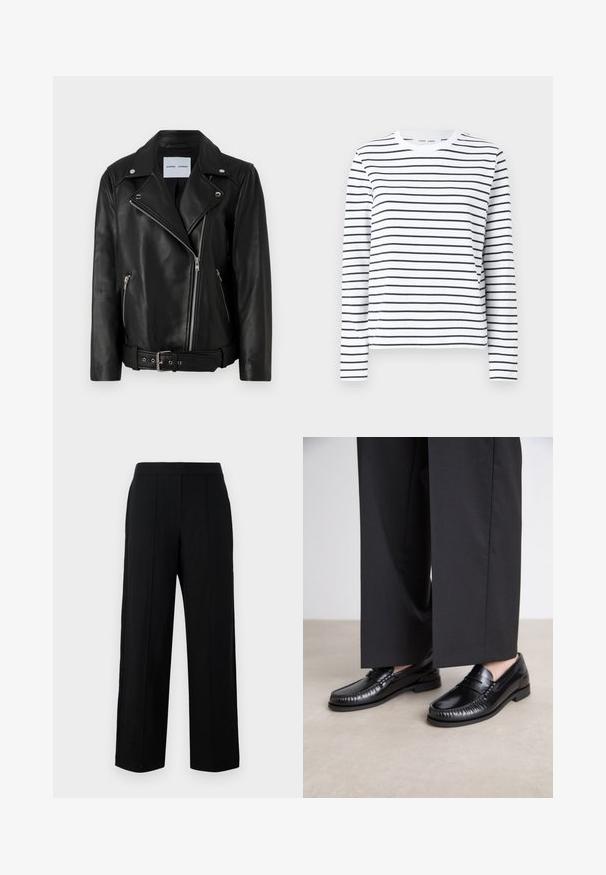 Jachetă de motociclist din piele neagră, cu fermoare din metal argintiu, talie cu curea și rever ascuțite. Dispune de două buzunare cu fermoar și o textură netedă.; Cămașă cu mânecă lungă din bumbac alb, cu dungi orizontale negre. Prezintă un guler rotund și o croială lejeră. Fără accente sau modele notabile.; Pantaloni negri cu croi larg, dintr-un material neted, având un front plat, două cusături verticale și un design simplu al taliei.; Mocasini din piele neagră cu un finisaj neted, cu detalii cusute în jurul vârfului și o talpă joasă din cauciuc. Asortați cu pantaloni largi negri.