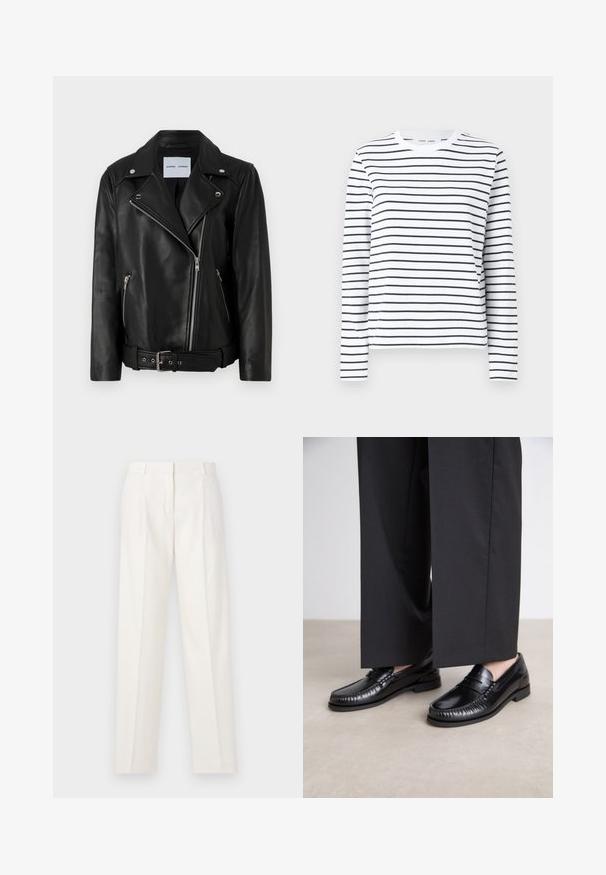 Black leather biker jacket with silver-tone zippers, belted waist, and peaked lapels. Features two zippered pockets and a smooth texture.; Long-sleeve shirt in white cotton with black horizontal stripes. Features a round neck and a relaxed fit. No notable accents or patterns.; White trousers made of linen, featuring a straight cut, double pleats at the front, and a smooth texture. No visible pockets or hardware.; Black leather loafers with a smooth finish, stitched detailing around the toe, and a low rubber sole. Paired with wide black trousers.