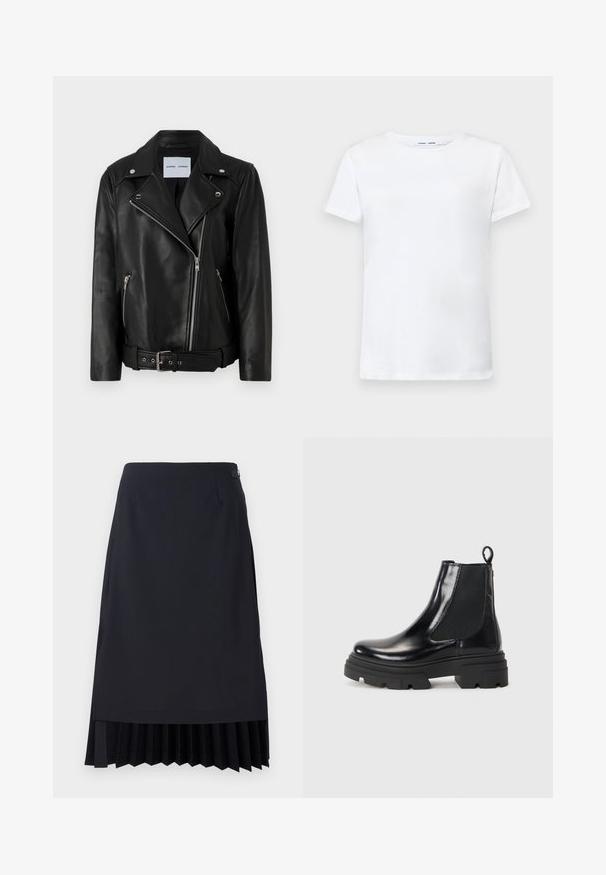 Crna kožna moto jakna s srebrnim zatvaračima, remenom u struku i šiljastim reverima. Ima dva džepa sa zatvaračem i glatku teksturu.; Bijela kratka majica s kratkim rukavima od pamuka s dizajnom okruglog izreza. Glatka tekstura i ravni kroj, bez uzoraka ili naglaska.; Crna olovka suknja s plisiranim rubom, krojena fit, i glatka tekstura. Ima diskretan bočni patent i minimalističke detalje.; Crne kožne gležnjače s elegantnim dizajnom, elastičnim bočnim panelima i debelim crnim potplatom. Imaju traku za povlačenje na stražnjem dijelu za lakše obuvanje.